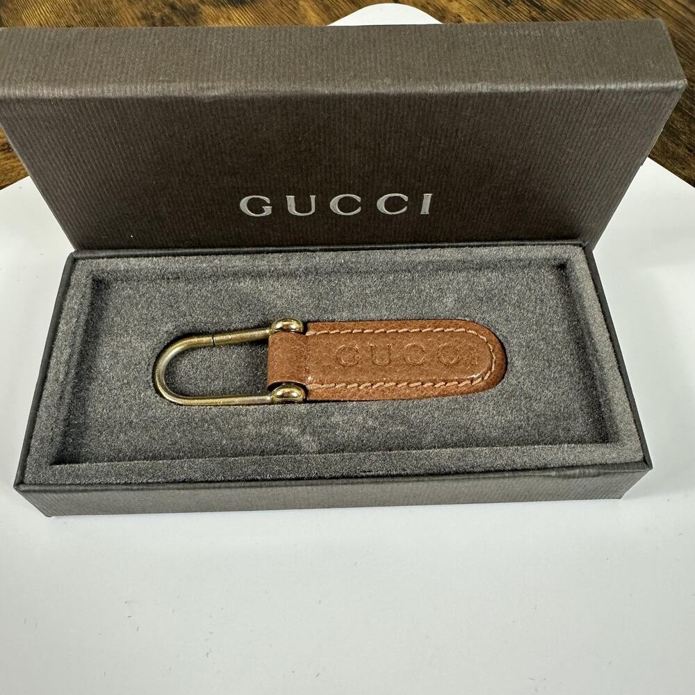 Gucci Keyring Womens One Size Brown Leather Gold Tone Logo Made Italy Keychain